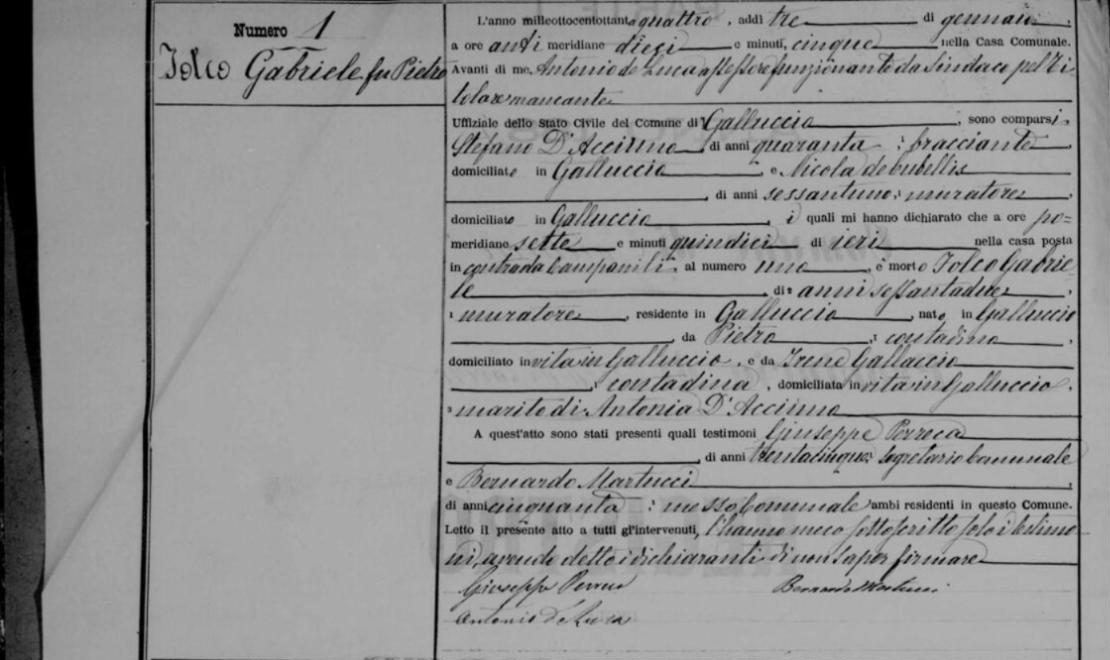 Acte de décès de Gabriele Folco, 1884