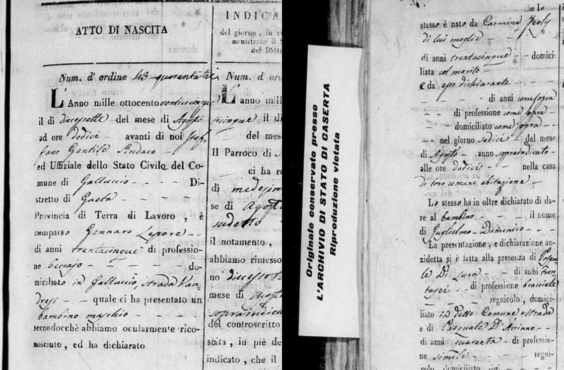 Acte de naissance de Domenico Lepore, 1825