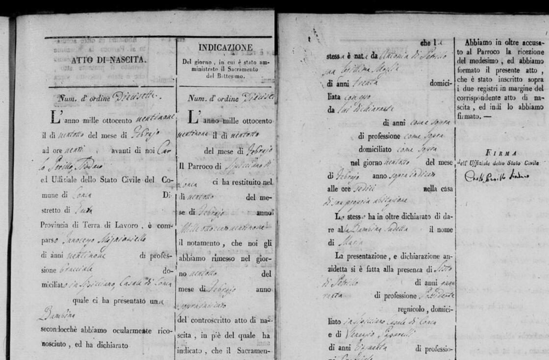 Acte de naissance de Maria Mignaniello, 1829