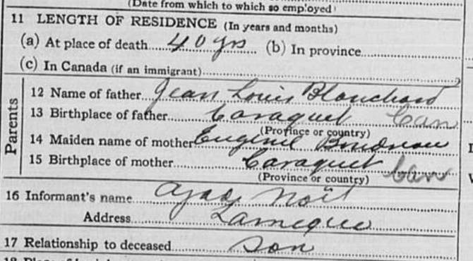Certificat de décès d’Eugénie Blanchard, 1920 (section des parents)