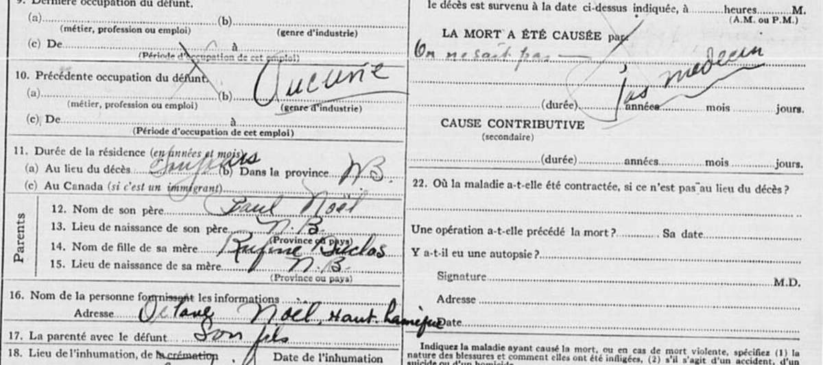 Certificat de décès de Joseph P. Noël, 1934