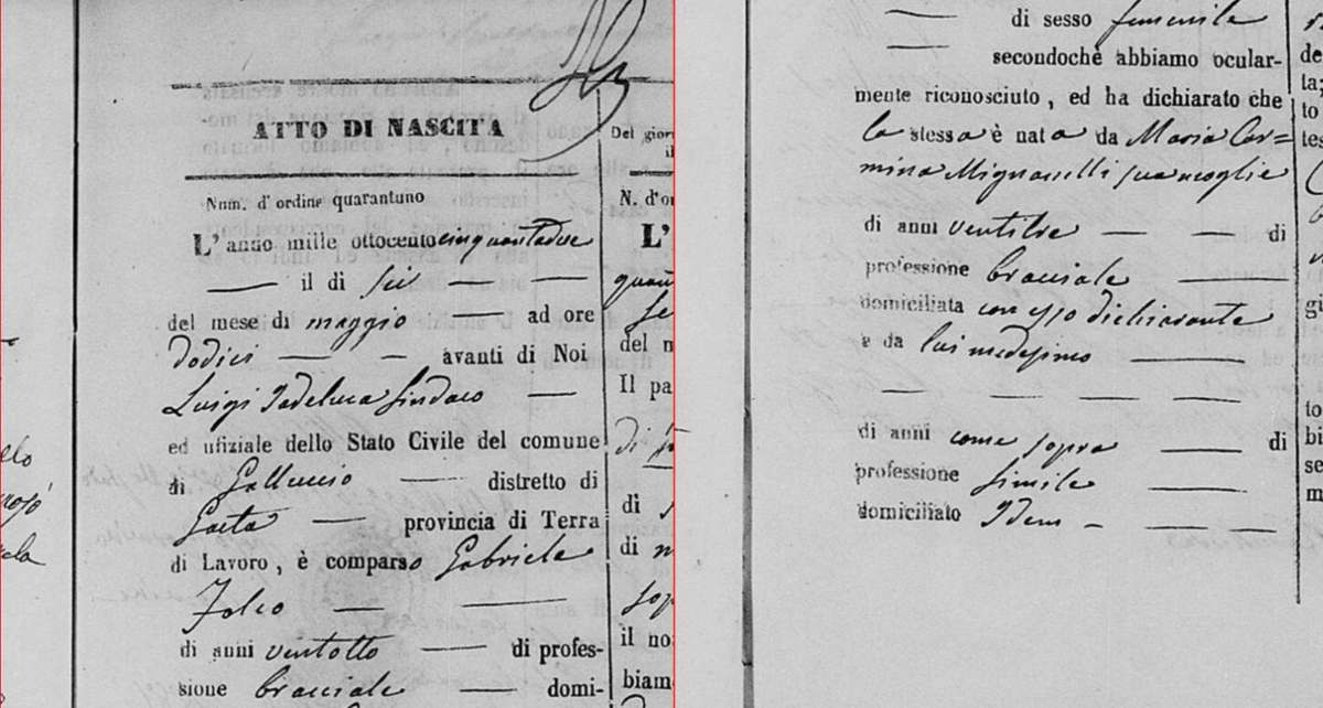 Acte de naissance de Carmina Folco, 1852, première page