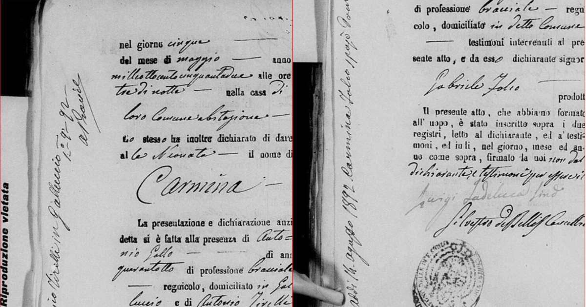Acte de naissance de Carmina Folco, 1852, suite et mention marginale