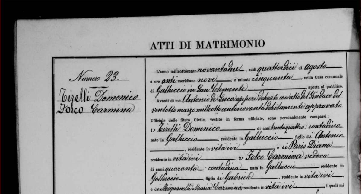 Acte de mariage de Domenico Tirelli et Carmina Folco, 1892