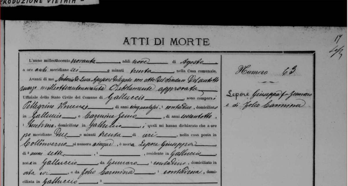 Acte de décès de Giuseppa Lepore, 1890