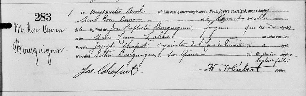Acte de baptême de Marie-Rose-Anna Bourguignon, 1892