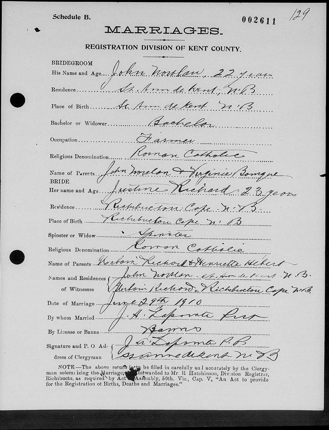 Acte de mariage de John Nowlan et Justine Richard, 1910