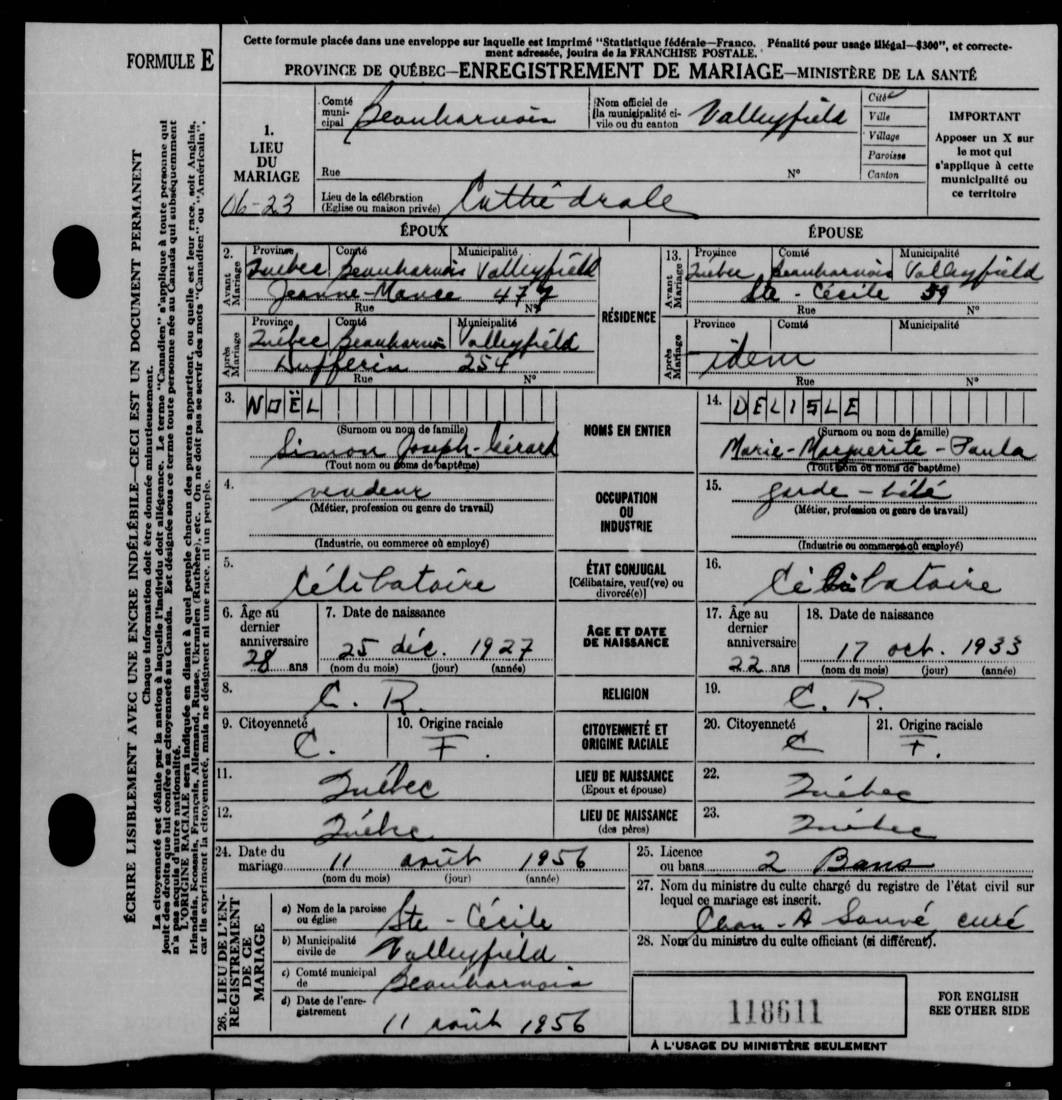 Enregistrement de mariage de Simon Noël et Marguerite Delisle, 1956