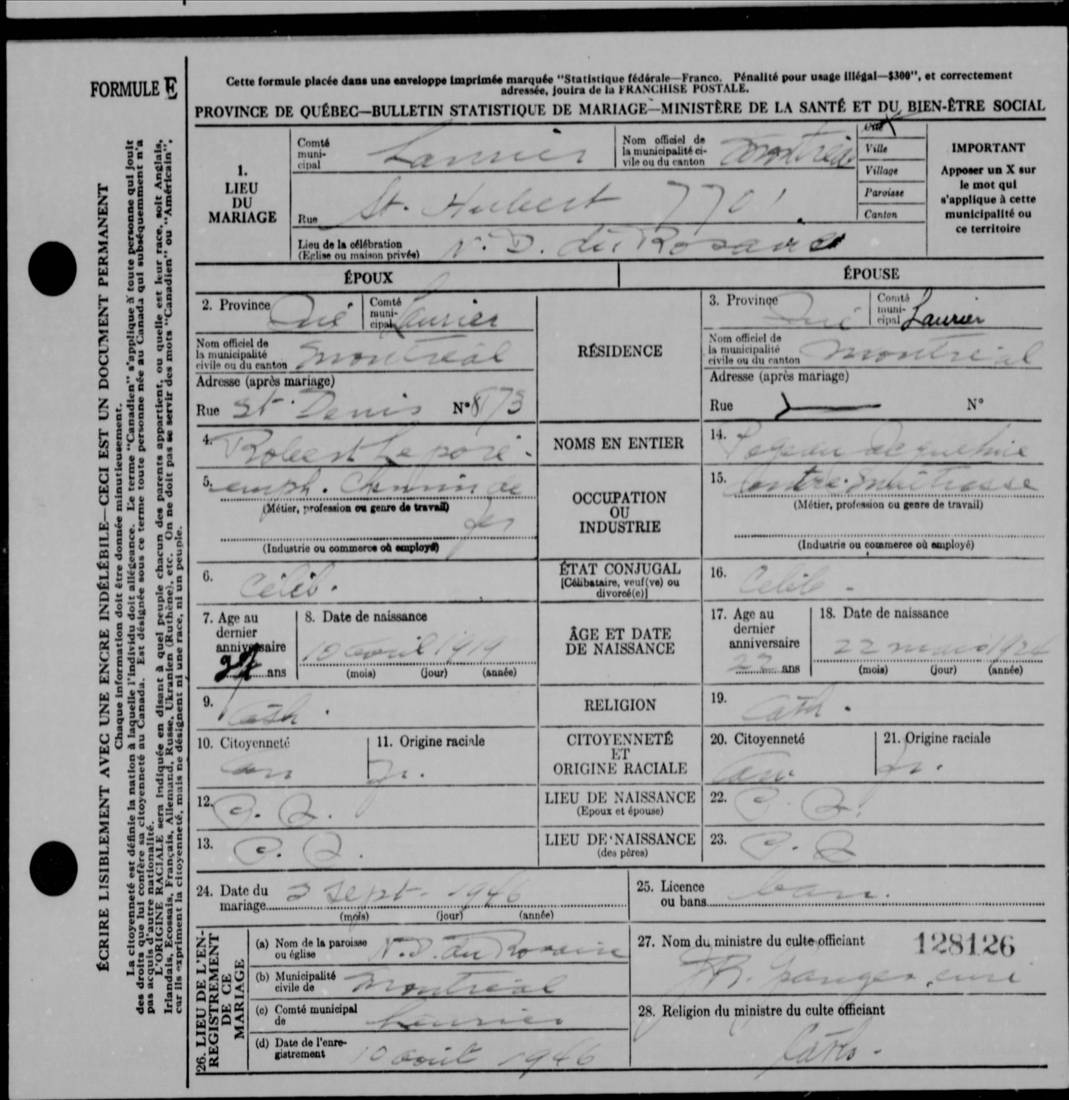 Bulletin statistique de mariage de Robert Lepore et Jacqueline Pageau, 1946