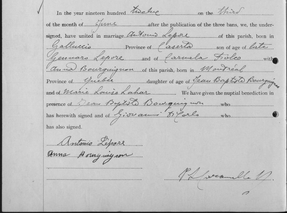 Acte de mariage d’Antonio Lepore et Anna Bourguignon, 1912