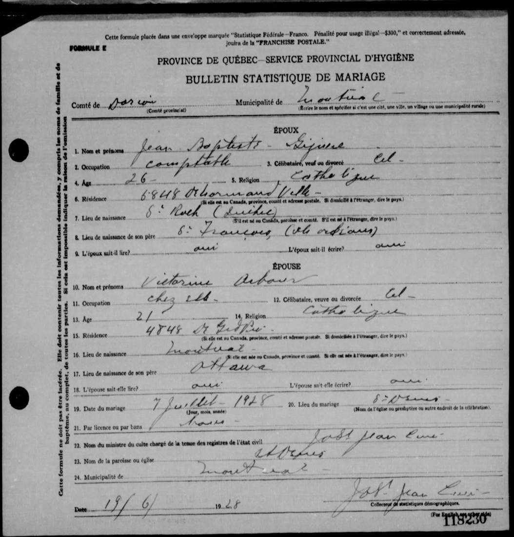 Bulletin statistique de mariage de Jean-Baptiste Giguère et Victorine Arbour, 1928