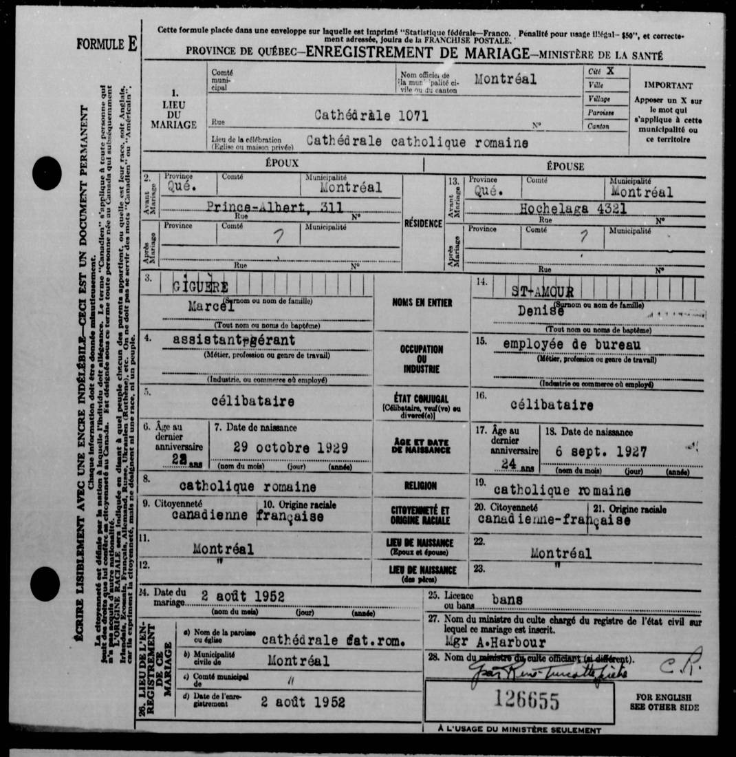 Enregistrement de mariage de Marcel Giguère et Denise St-Amour, 2 août 1952